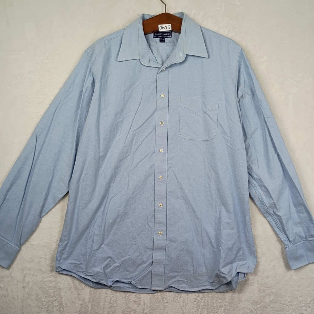 Paul Fredrick Button Down Shirt Mens 17.5-38 Blue Cotton Long Sleeve Work Wear